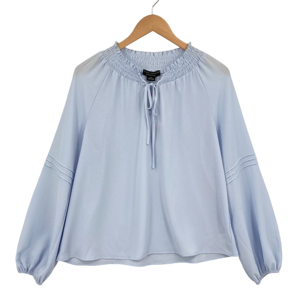 Social Standard By Sanctuary Peasant Top Womens Small Blue Ruffle Tie Neck